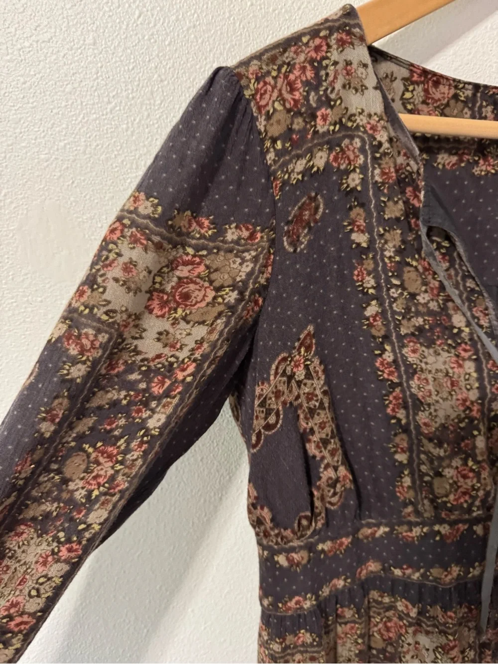 Free People Bridgette Mini Dress Brown Floral V Neck Tie Long Sleeve Peasant-S